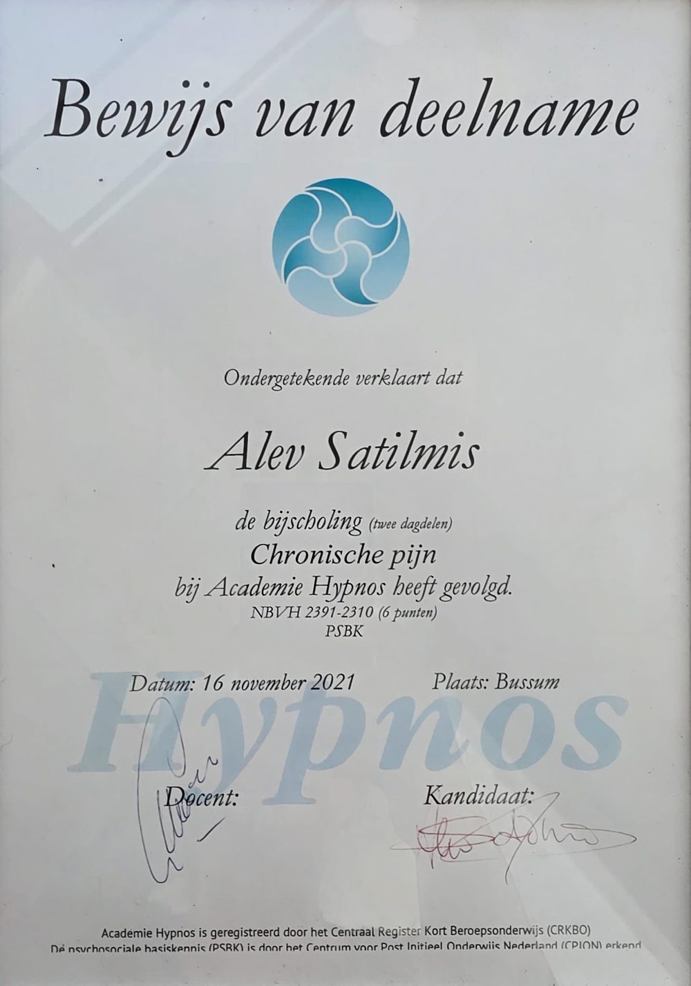 Certificaat bijscholing Chronische pijn van Alev Satilmis, Academie Hypnos 2021