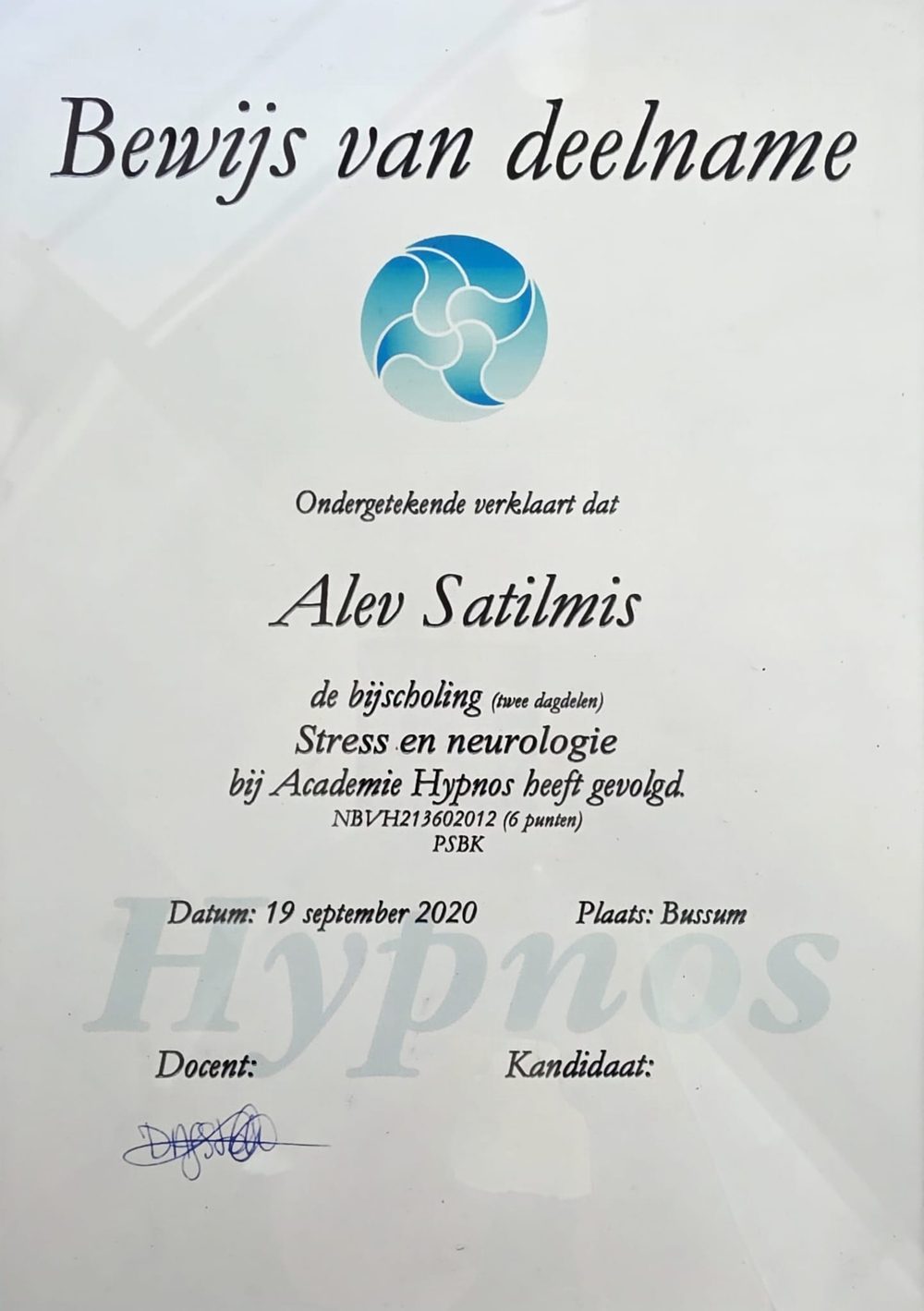 Certificaat bijscholing Stress en neurologie van Alev Satilmis, Academie Hypnos 2020