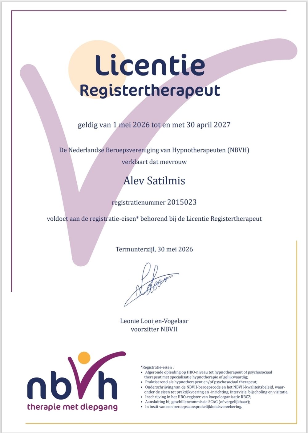 NBVH Licentie Registertherapeut van Alev Satilmis, geldig van 1 mei 2026 tot en met 30 april 2027, registratienummer 2015023